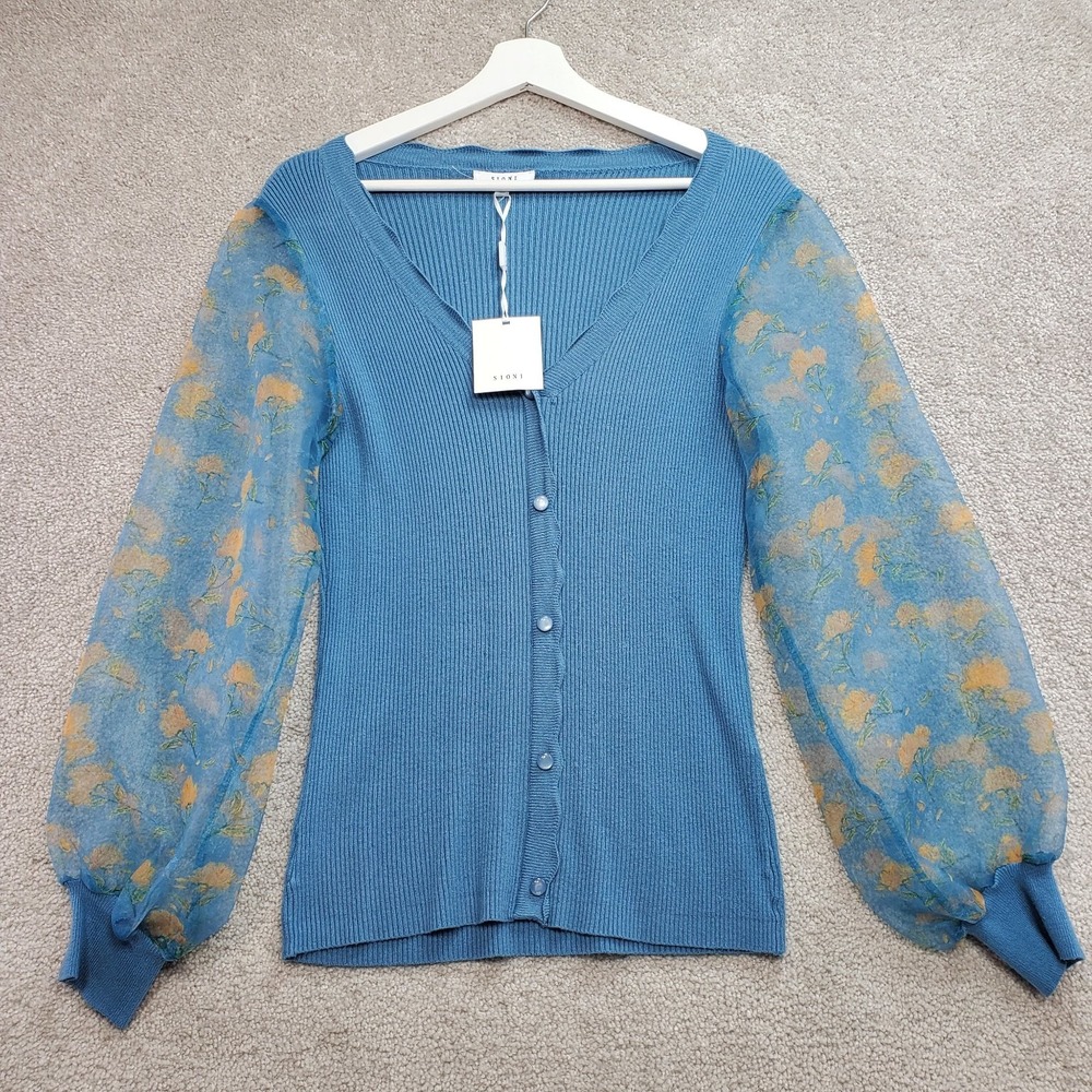 Sioni Women's Top Airforce Blue‎ Medium Floral Sheer Sleeve Fairy Cottage